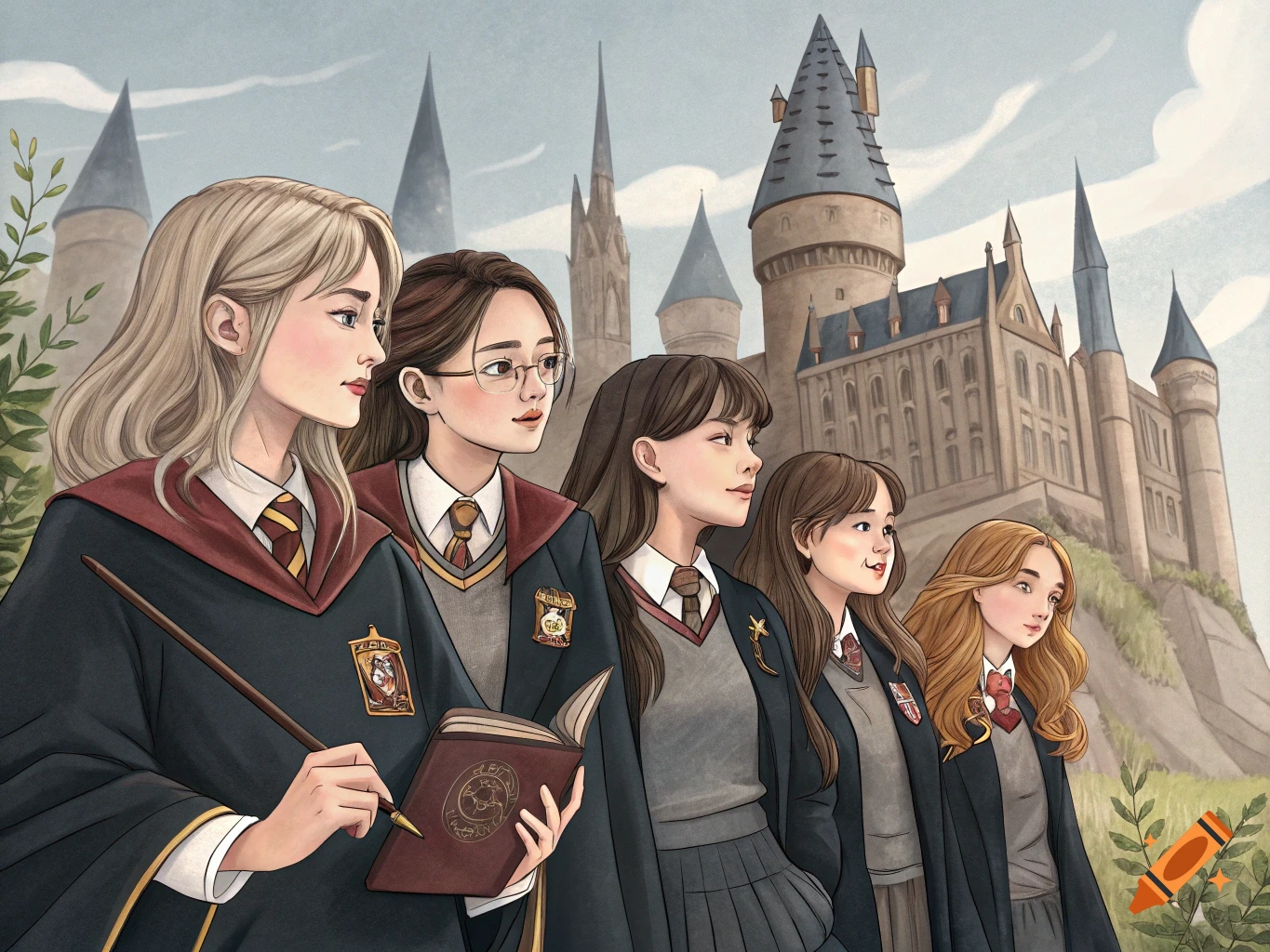 Five girls in school robes stand in front of a castle, illustrated style.