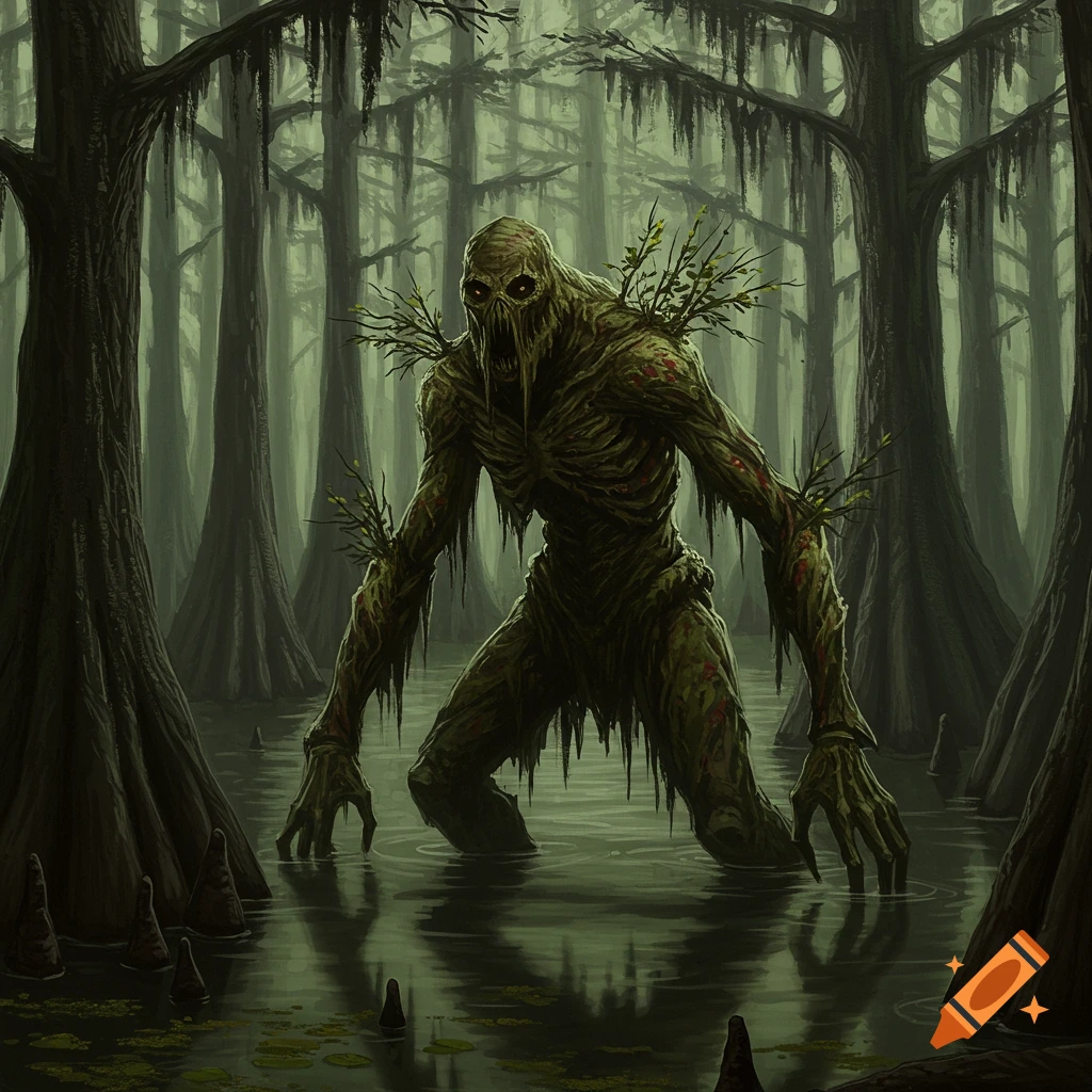 A large, moss-covered monster stands in a dark, misty swamp.