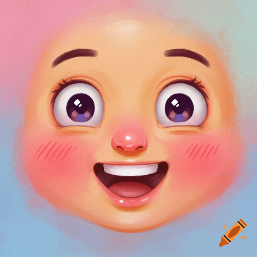 A close-up of a happy, cartoon face with wide eyes, a big smile, and rosy cheeks.