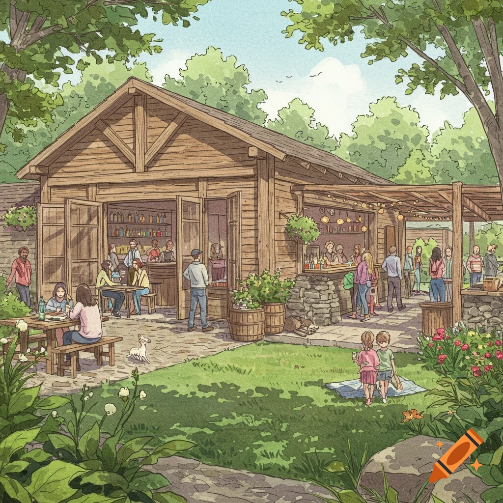 Watercolor illustration of an outdoor rustic bar and restaurant with people gathering in a garden setting.