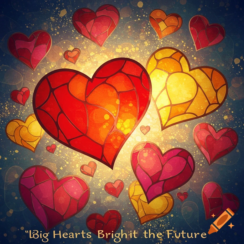 Stained glass style hearts in red, orange, and pink on a dark background with light effects.