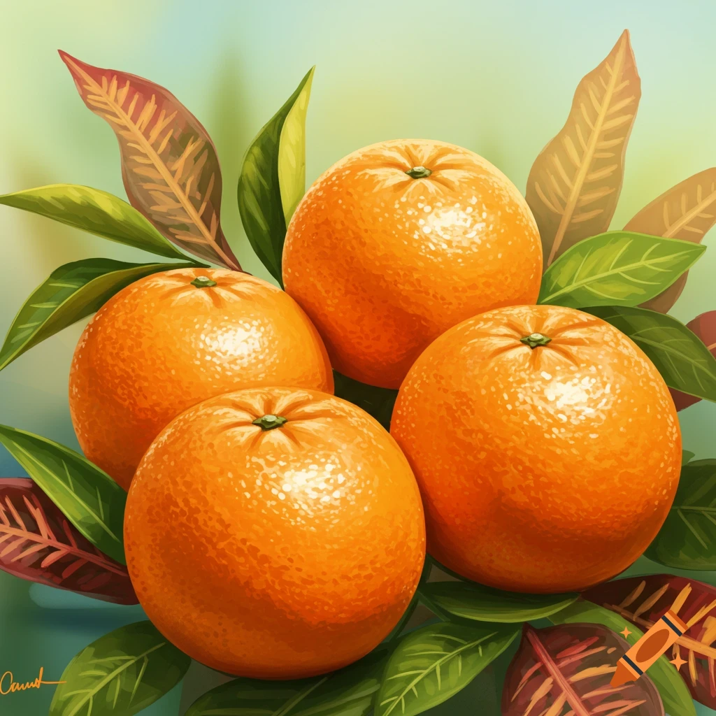 Four oranges surrounded by tropical leaves