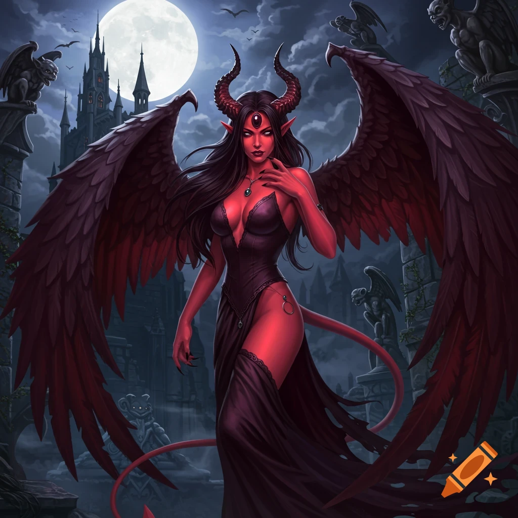 A red-skinned devil woman with horns and large wings, standing in a dark fantasy setting with a castle and gargoyles under a full moon.