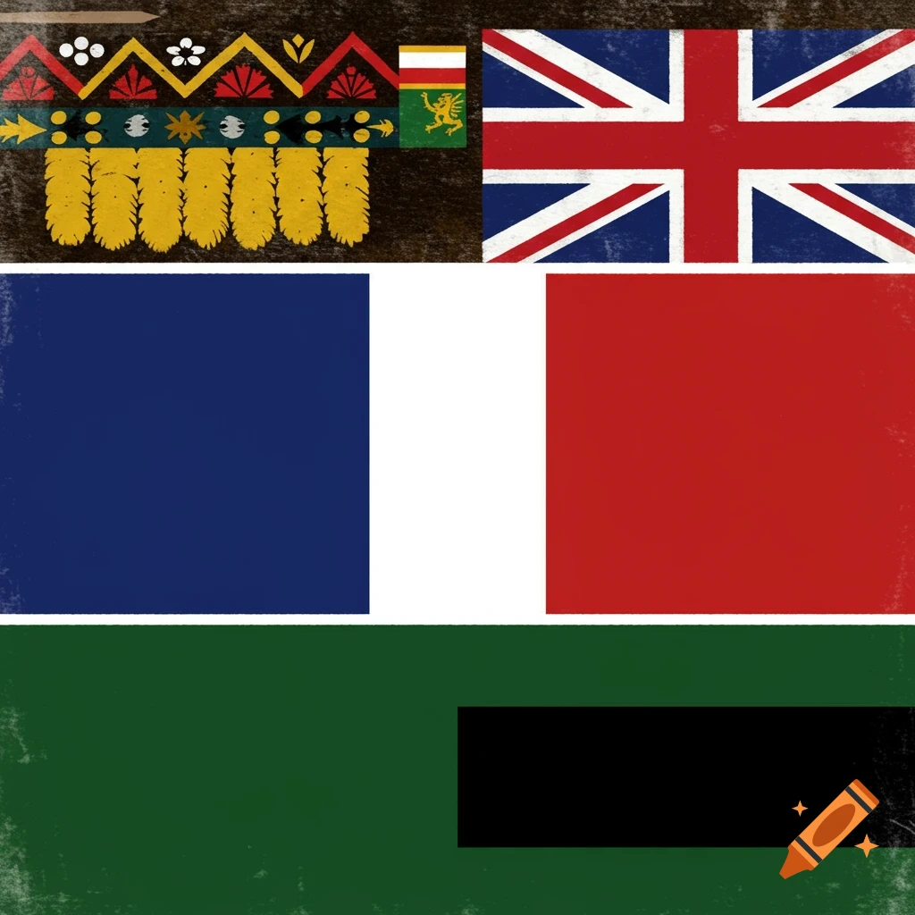 A collage of flag-like designs with abstract patterns, the UK flag, blue, white, and red rectangles, and green and black rectangles.