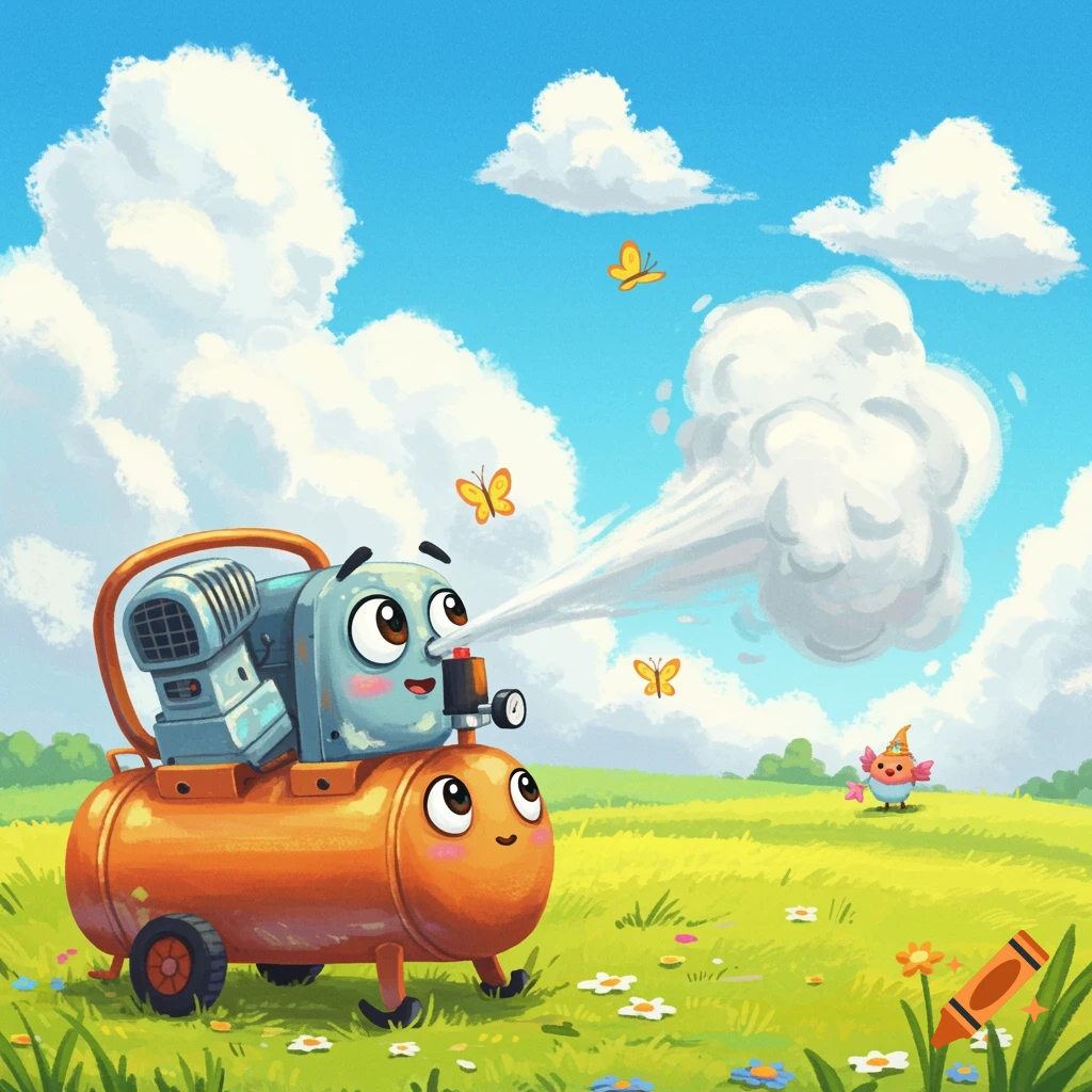 Cartoon air compressor character breathing air in a sunny field with butterflies, whimsical children's book style.