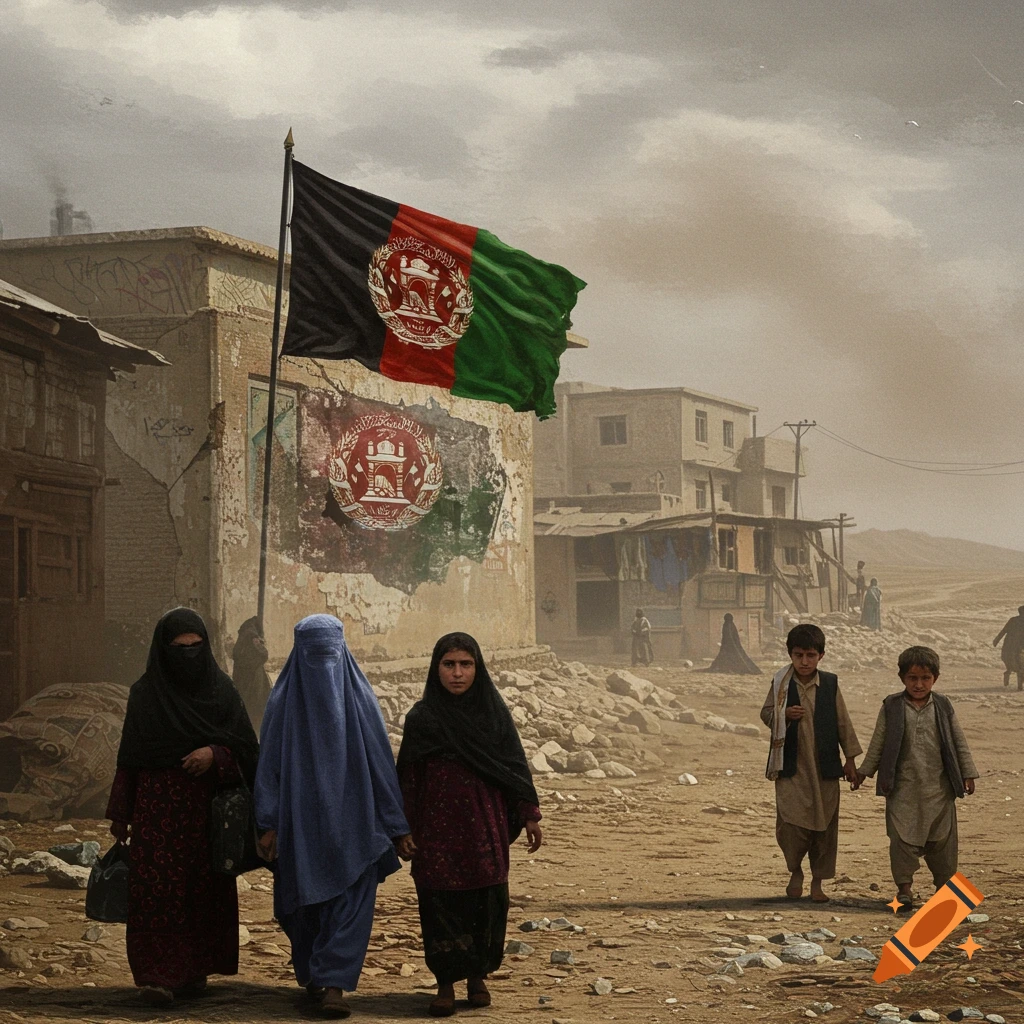 Women and children walking past buildings with Afghan flags in a dusty environment.