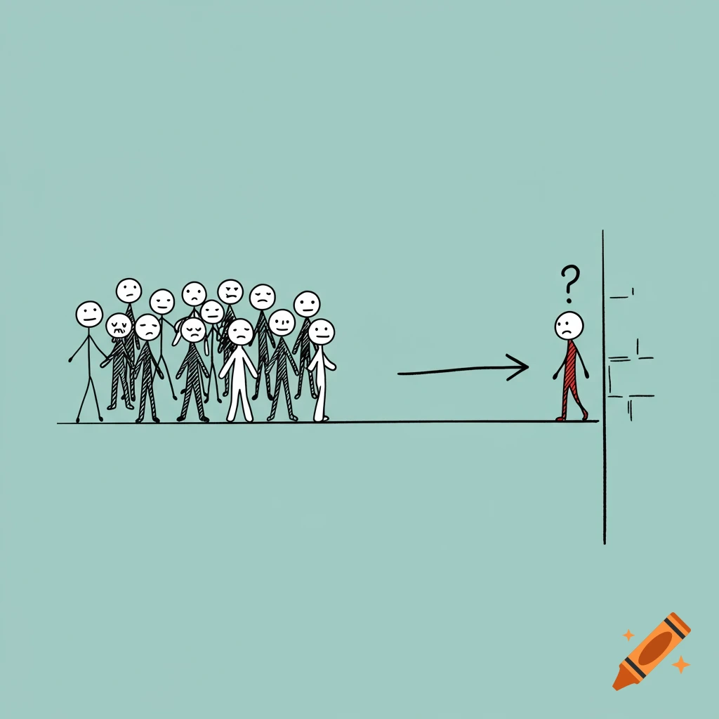 Illustration of stick figures looking at one different stick figure across a line, with an arrow and question mark.