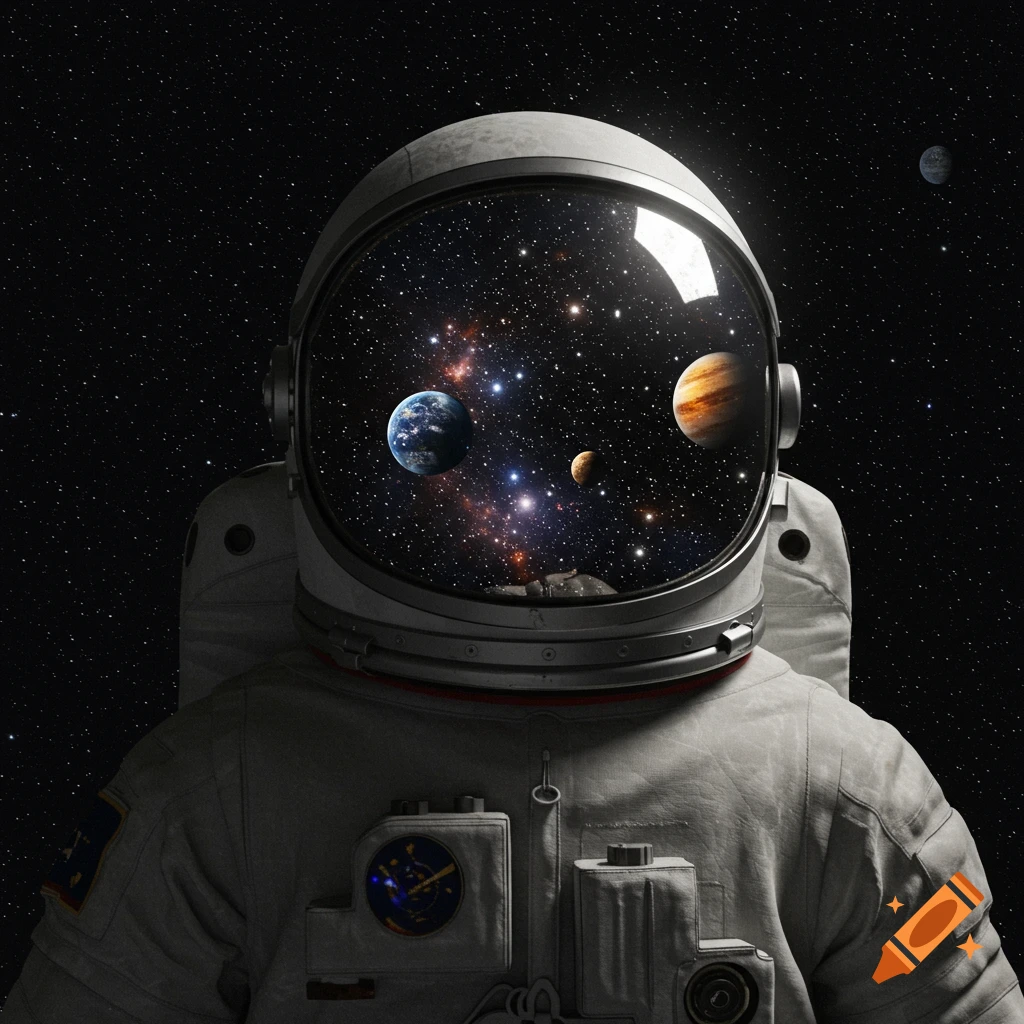 Close-up photorealistic image of an astronaut helmet reflecting planets and stars in space