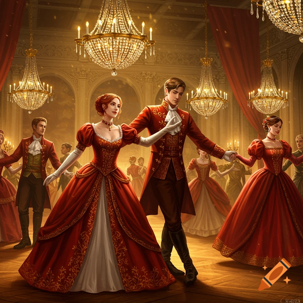 People dancing in a lavish fantasy royal ballroom with chandeliers.