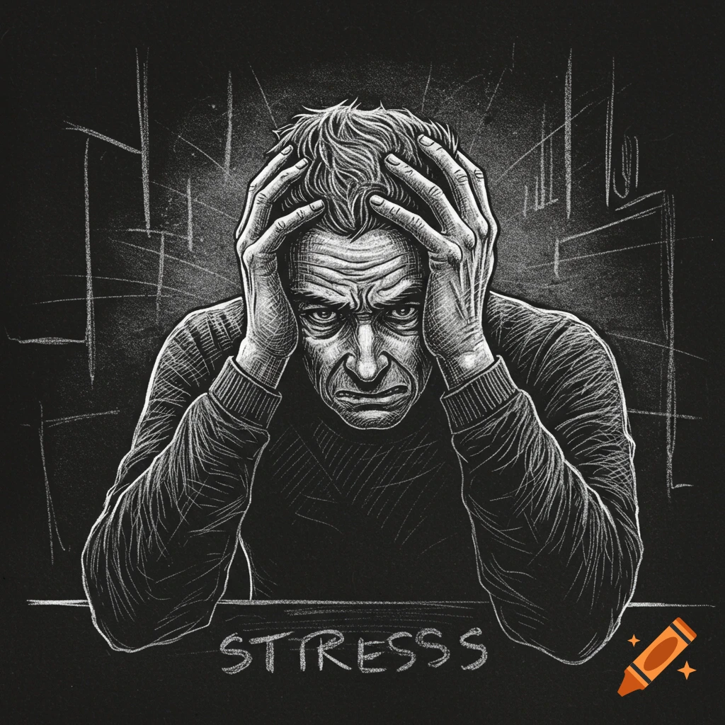 Chalk drawing of a stressed person holding their head, with 'STTRESSS' written below.