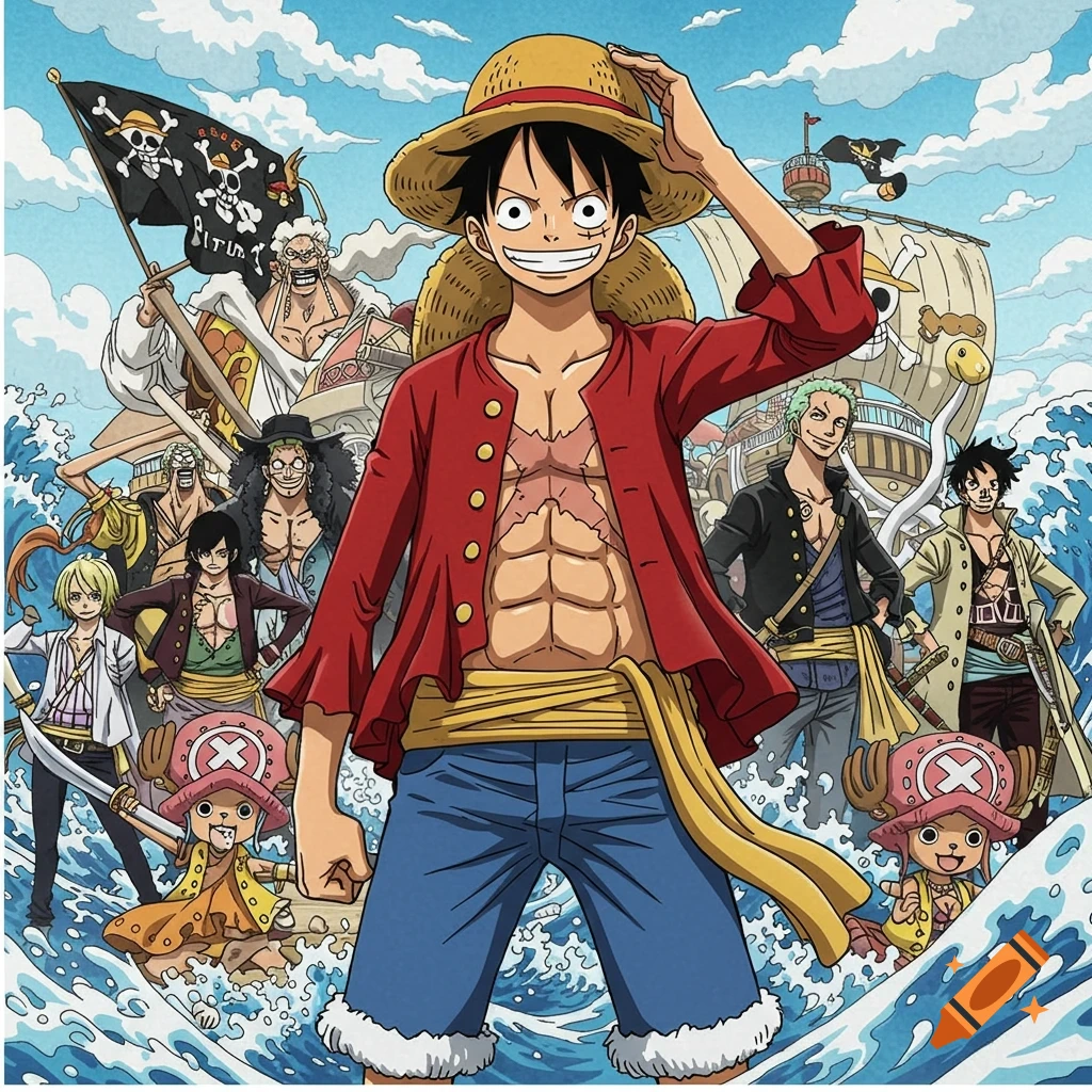 Anime illustration of Monkey D. Luffy and the Straw Hat Pirates on ...