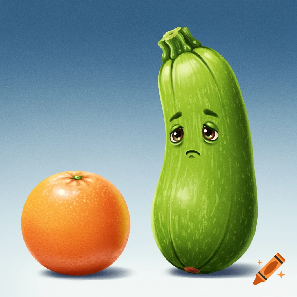 Cartoon zucchini with a sad face next to an orange.