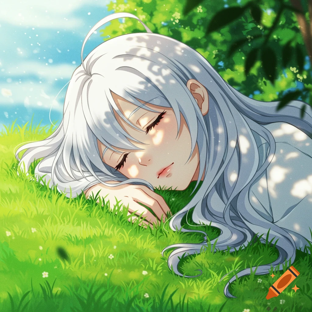 Anime illustration of a white-haired person sleeping in sunny grass under a tree.