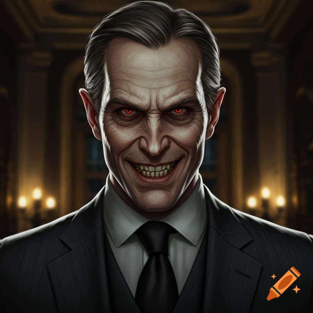 A menacing man with red eyes and sharp teeth, wearing a suit.