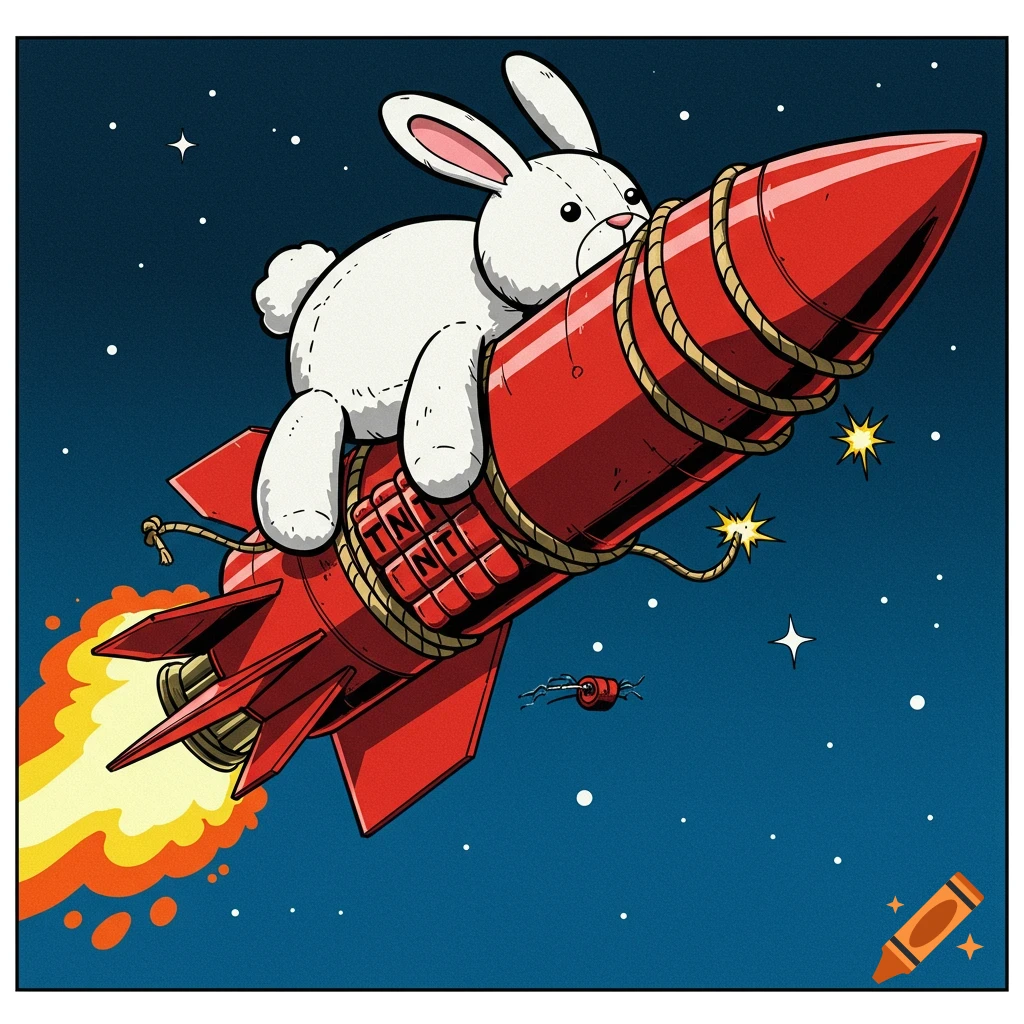 Illustration of a stuffed rabbit tied to a red rocket flying through space