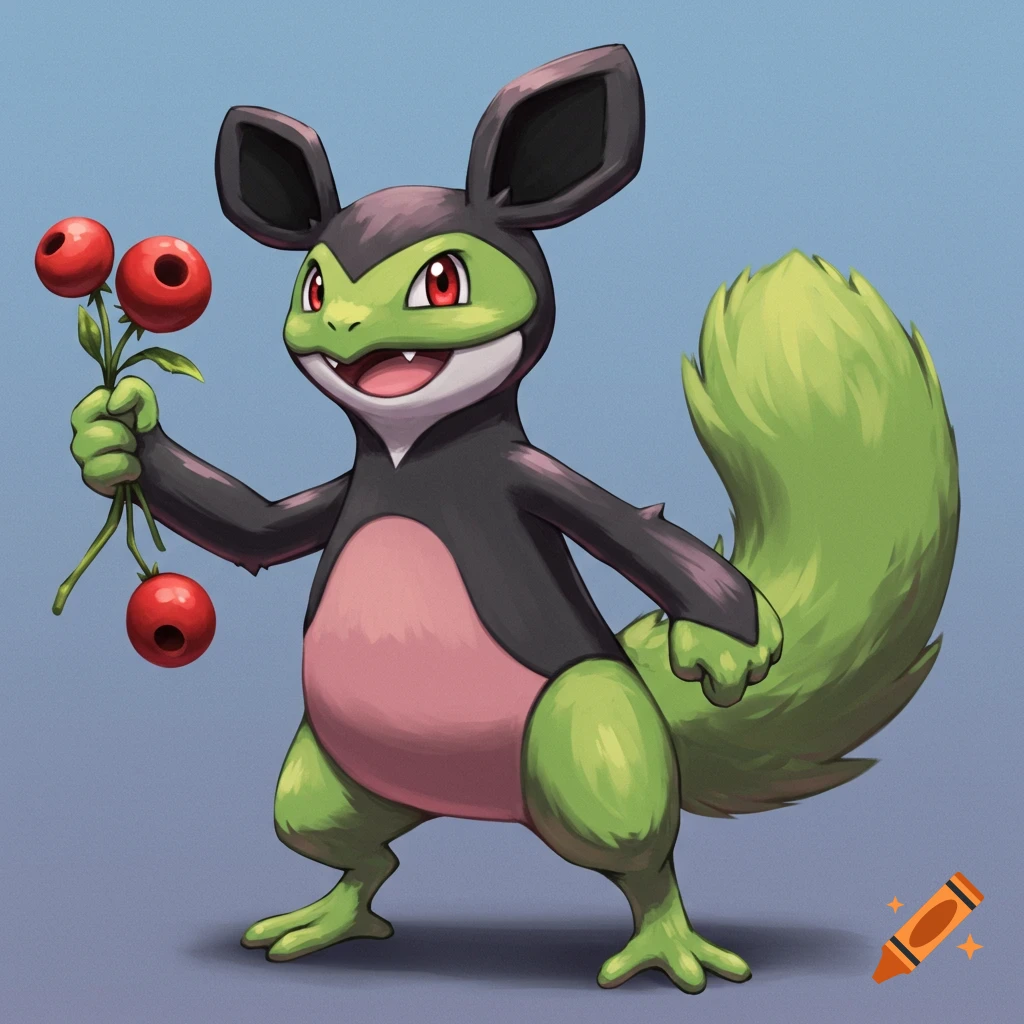 A green and black creature resembling a Pok
00e9mon holds a sprig of red berries.