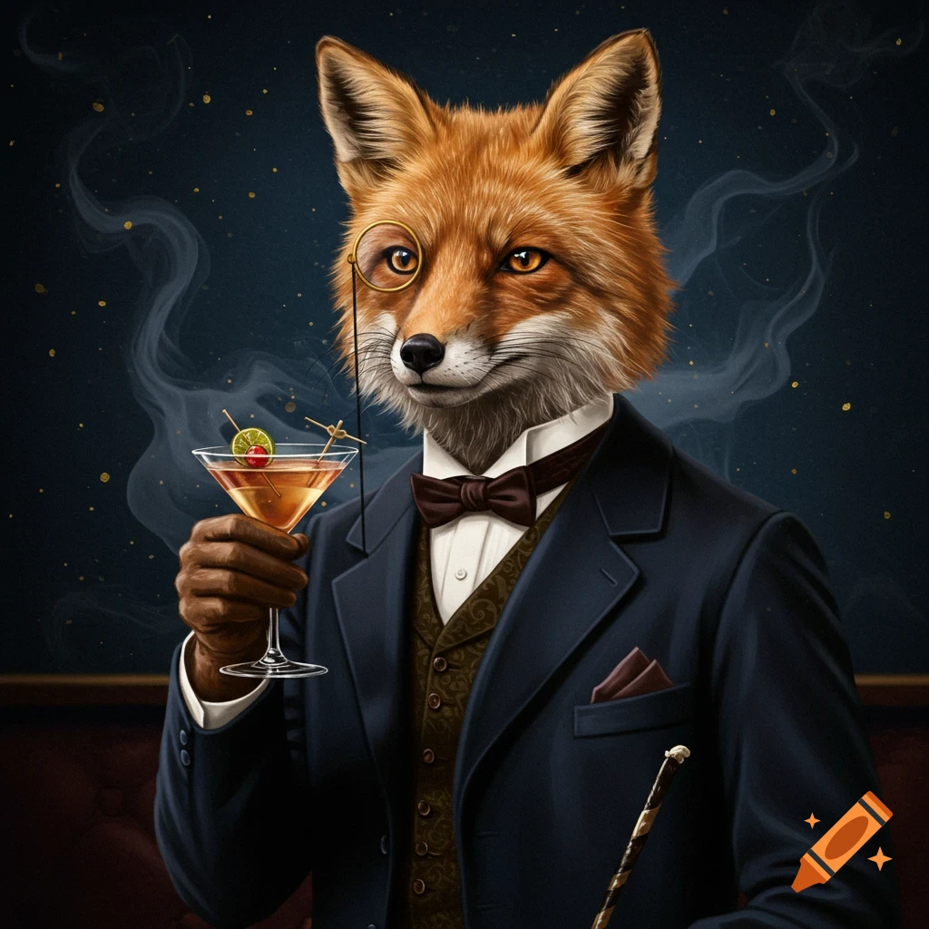 Lifelike painting of a dapper fox in a suit and monocle holding a cocktail.