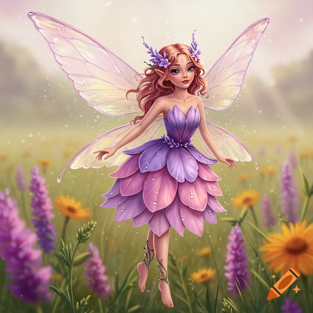 A fairy with long red hair, wearing a purple and pink flower dress, and translucent wings, standing in a field of flowers.