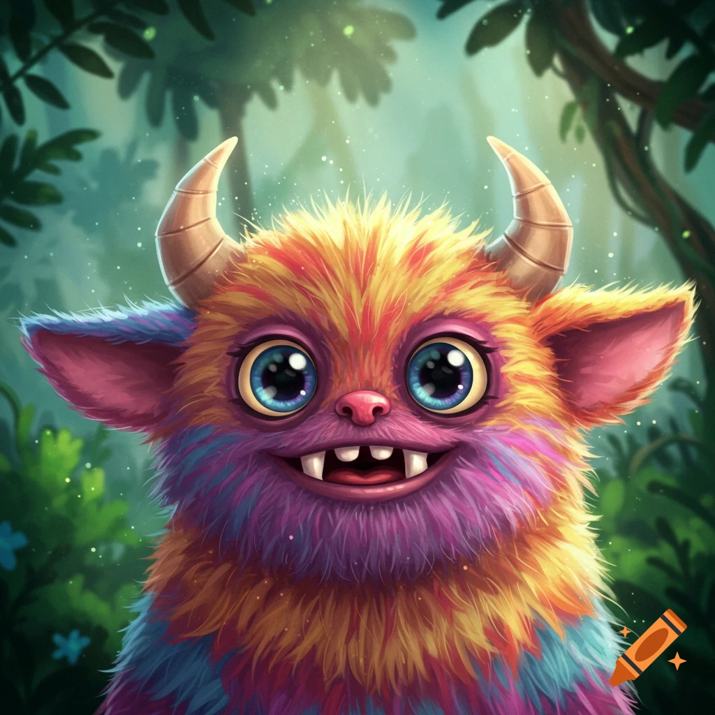 A colorful, fluffy monster with big blue eyes and teeth smiles in a forest.