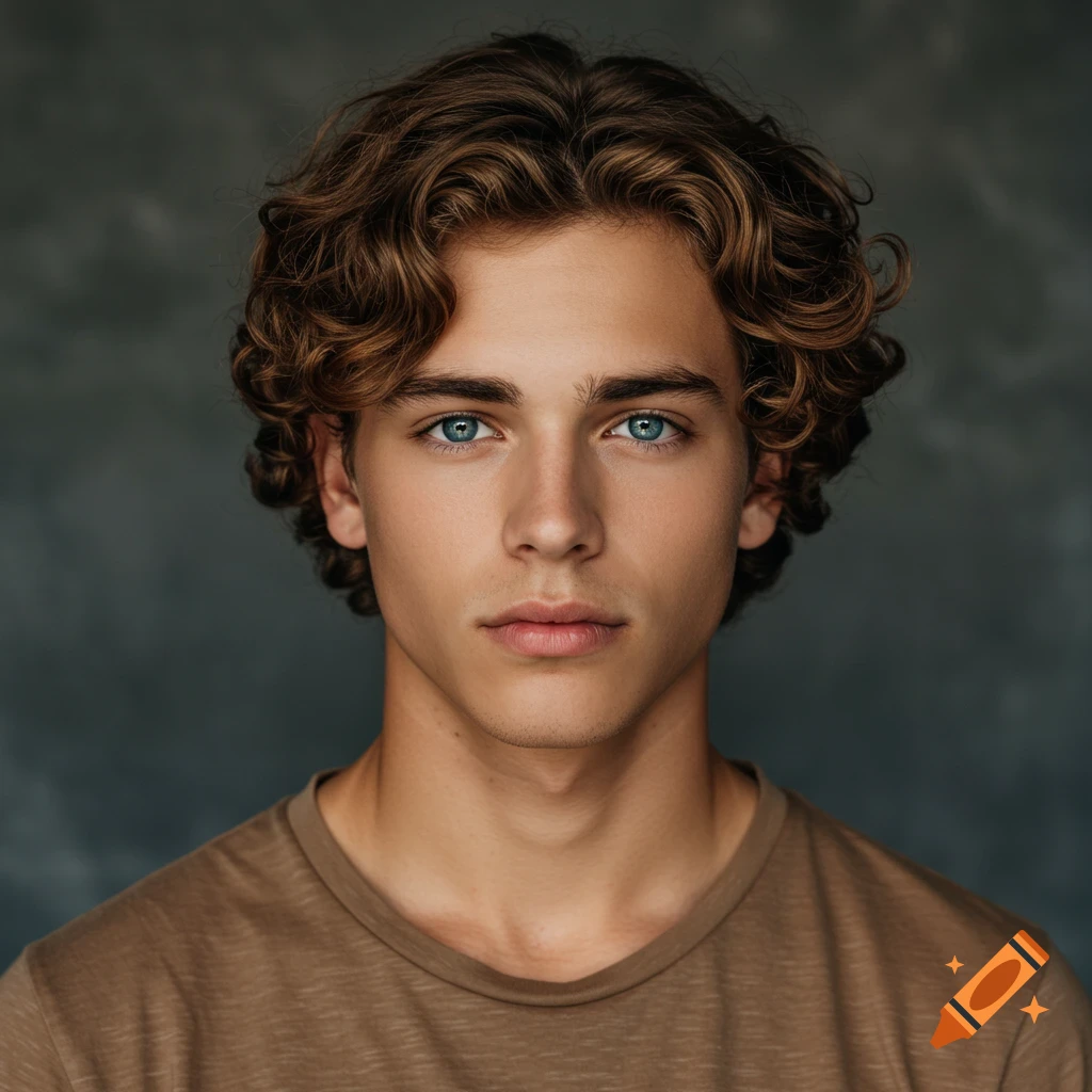 Close-up portrait of a young man with curly brown hair and blue eyes, wearing a brown shirt.