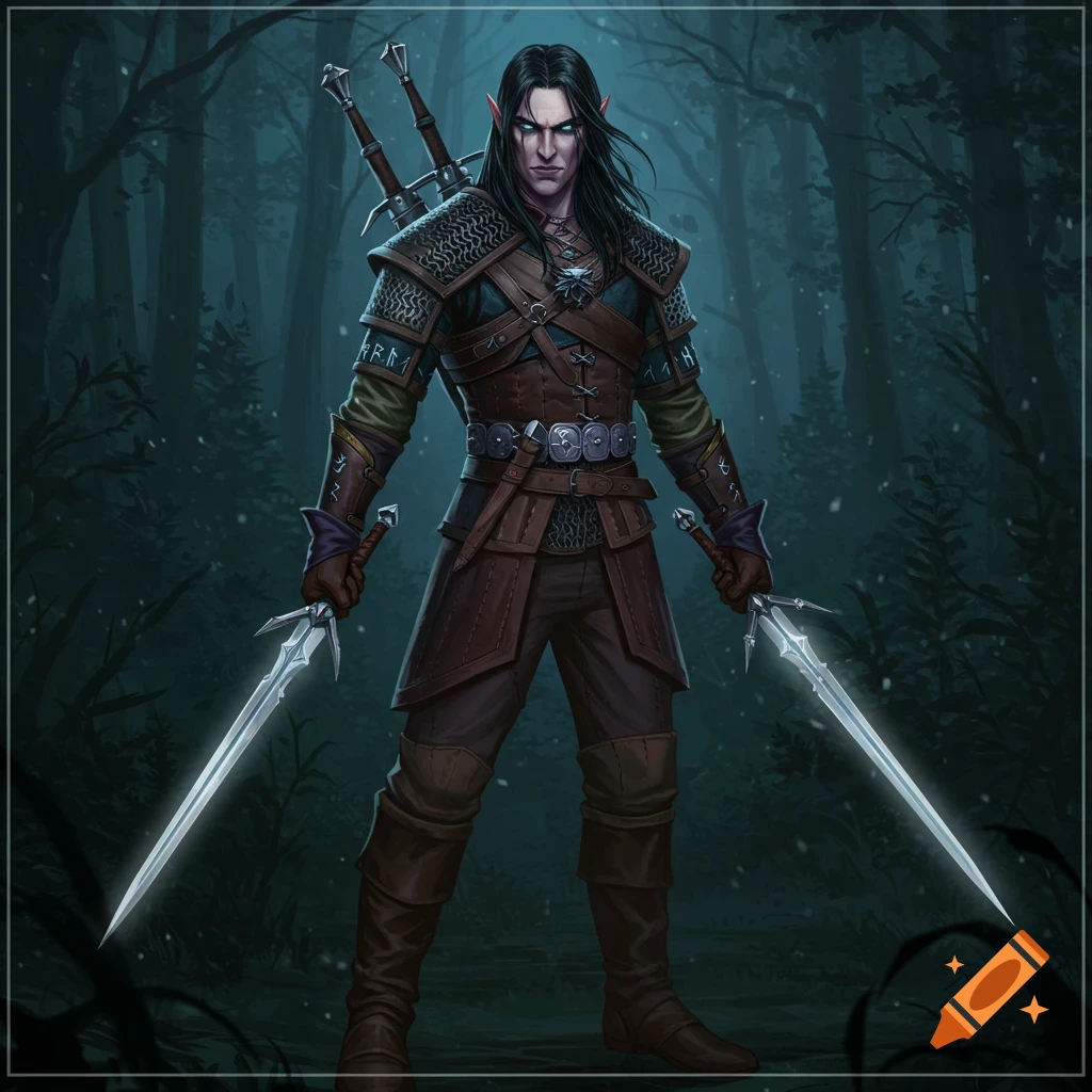 A male elf witcher with black hair, wearing leather armor and holding two swords in a dark forest with snow.