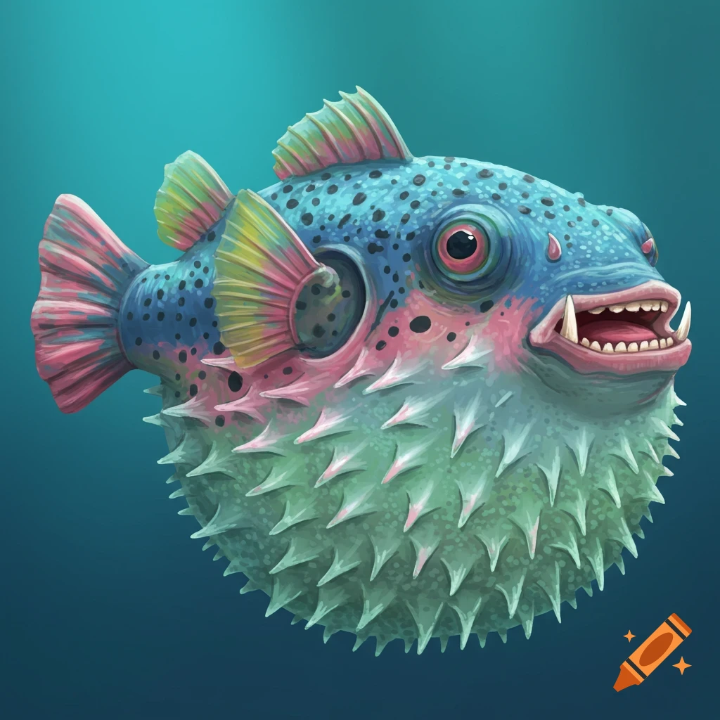 A colorful blue, pink, and green spiky pufferfish with large teeth swims underwater.