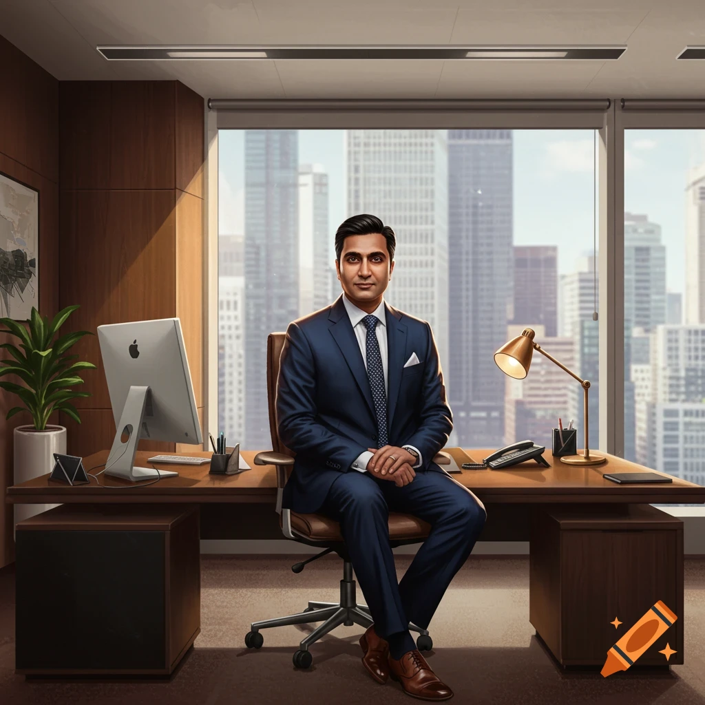A man in a suit sits at a desk in a modern office with a city view.