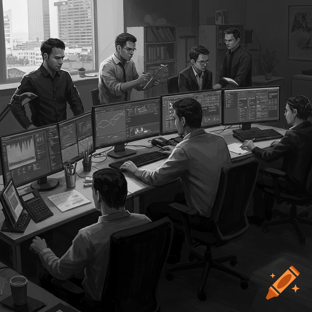 Black and white image of men working at desks, looking at computer monitors displaying charts and data.