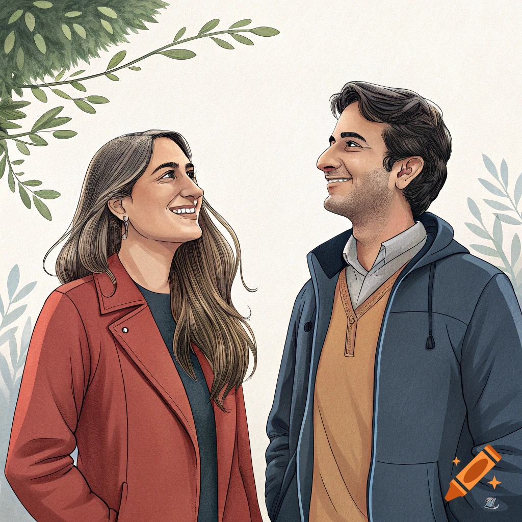 Illustration of a man and woman smiling at each other outdoors, surrounded by greenery.