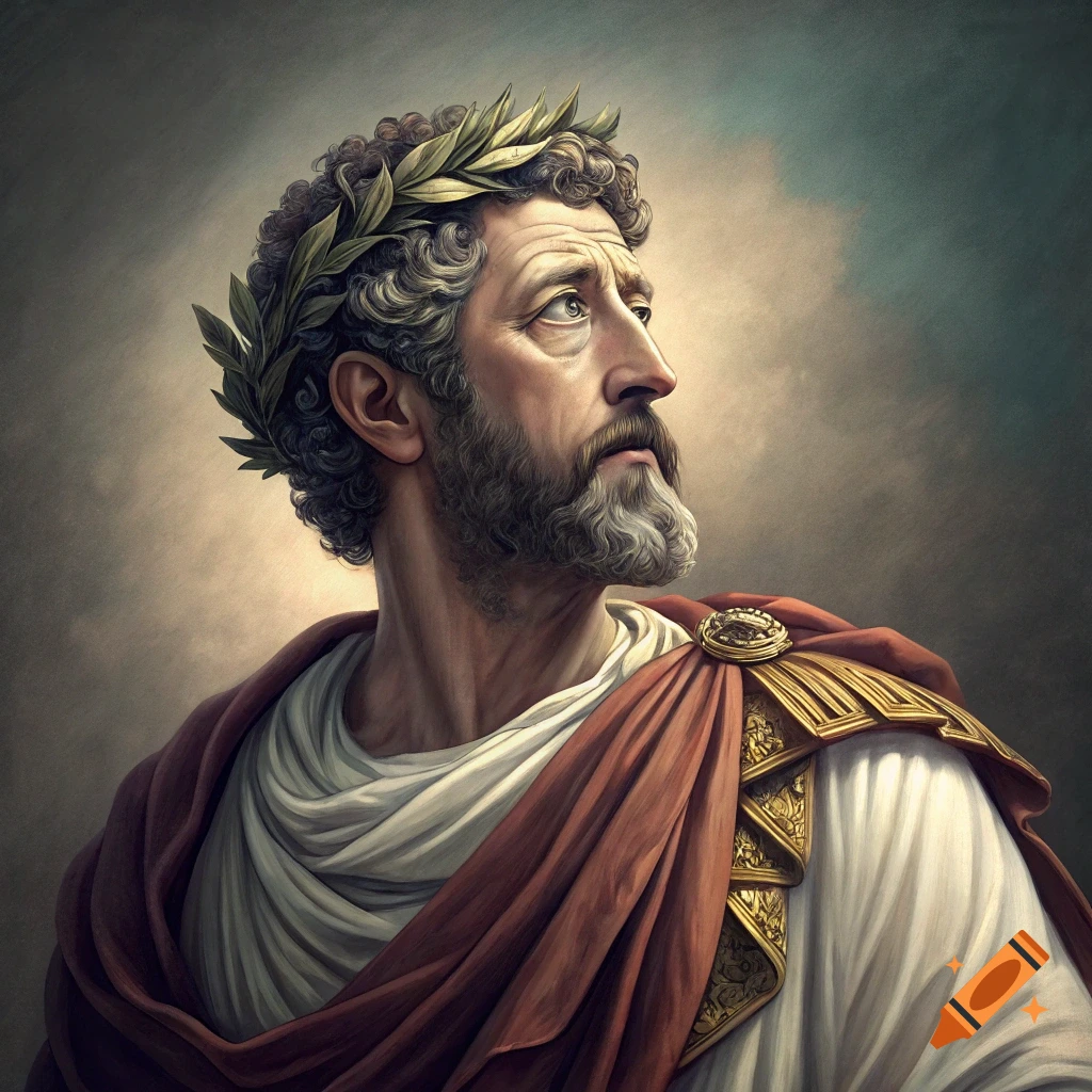 Painted portrait of a man resembling Marcus Aurelius wearing a laurel wreath and roman toga