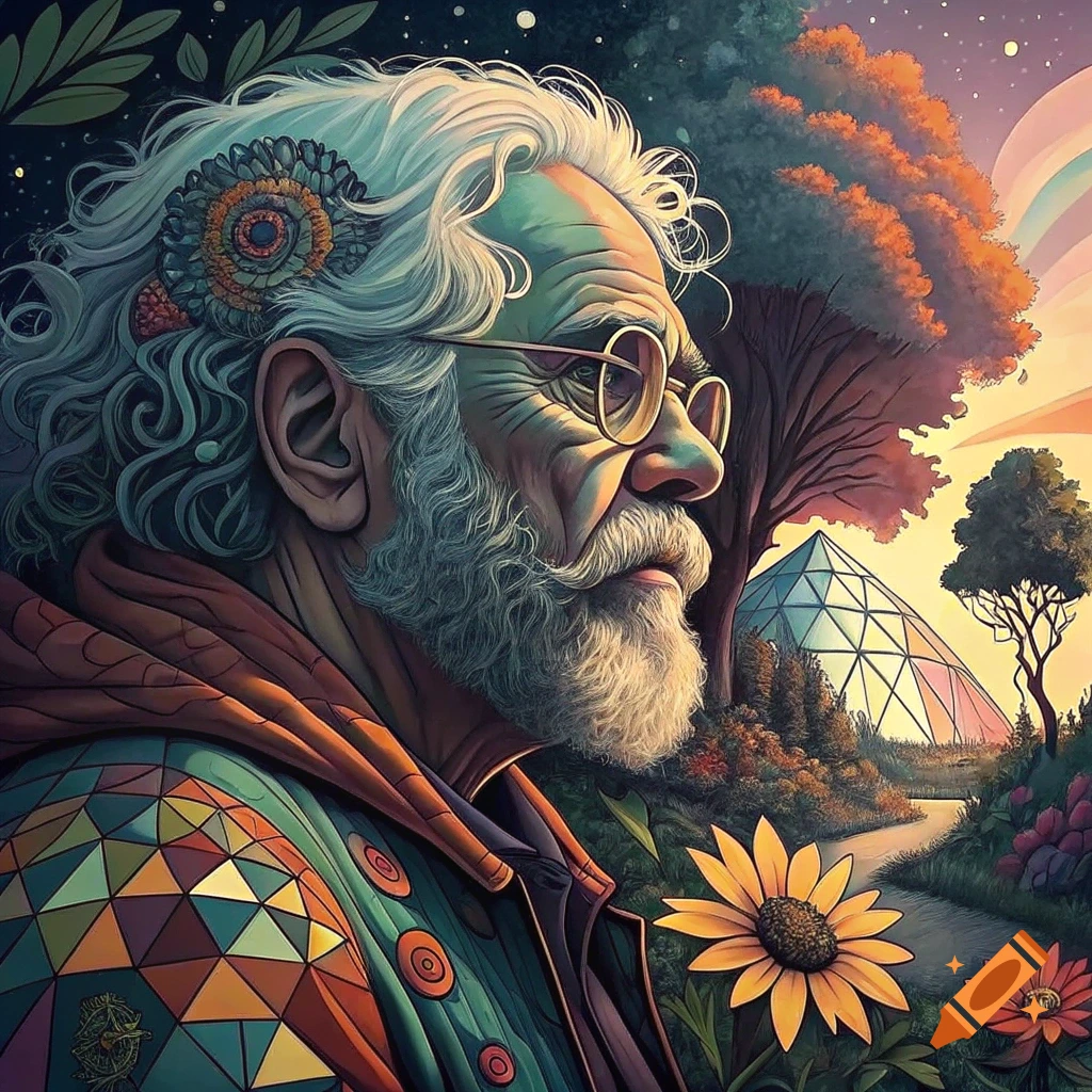 Stylized portrait of an older man with beard and glasses in a surreal landscape with a geodesic dome.