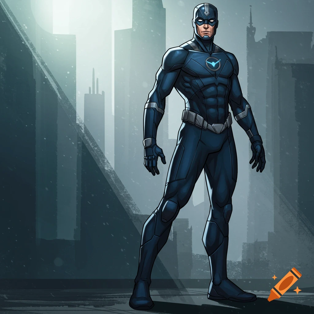 A superhero in a dark blue suit stands against a blurry city skyline background.