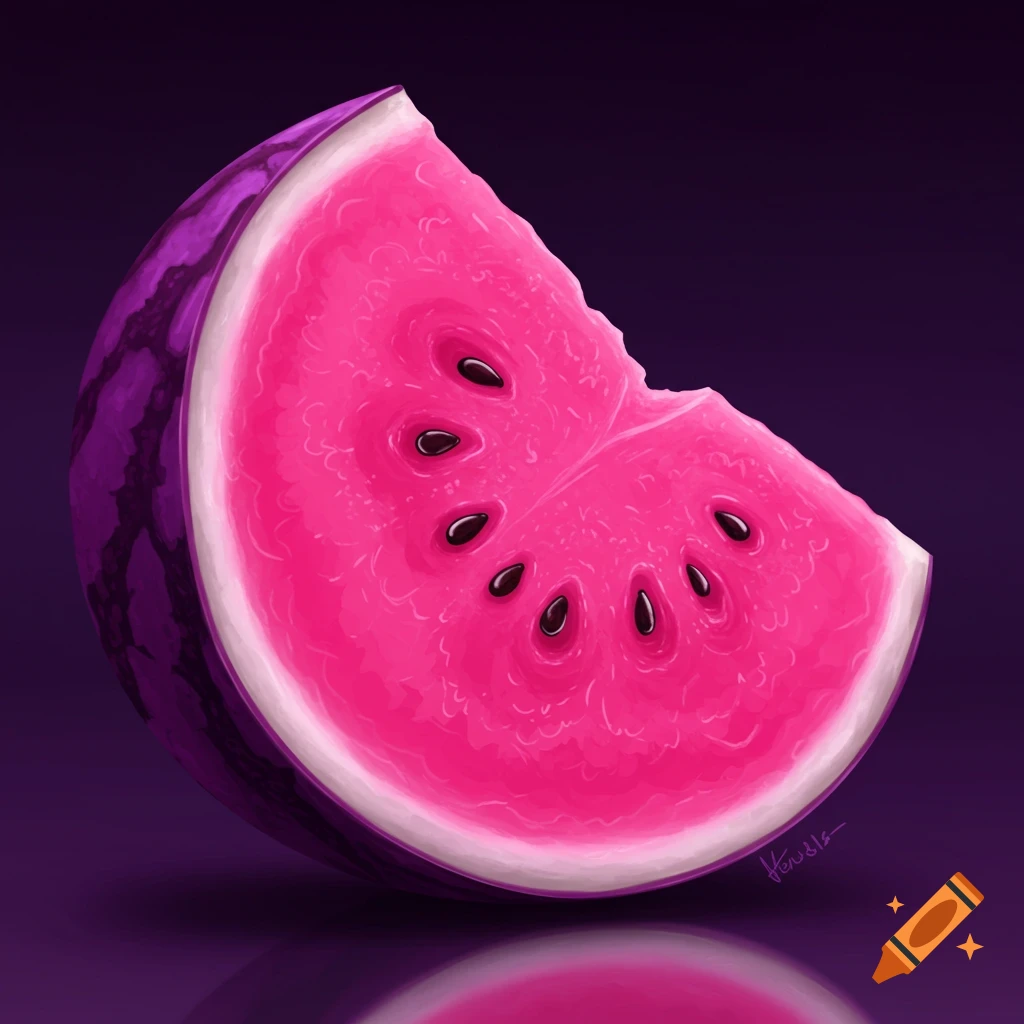 A slice of purple watermelon with seeds, reflecting on a dark surface.