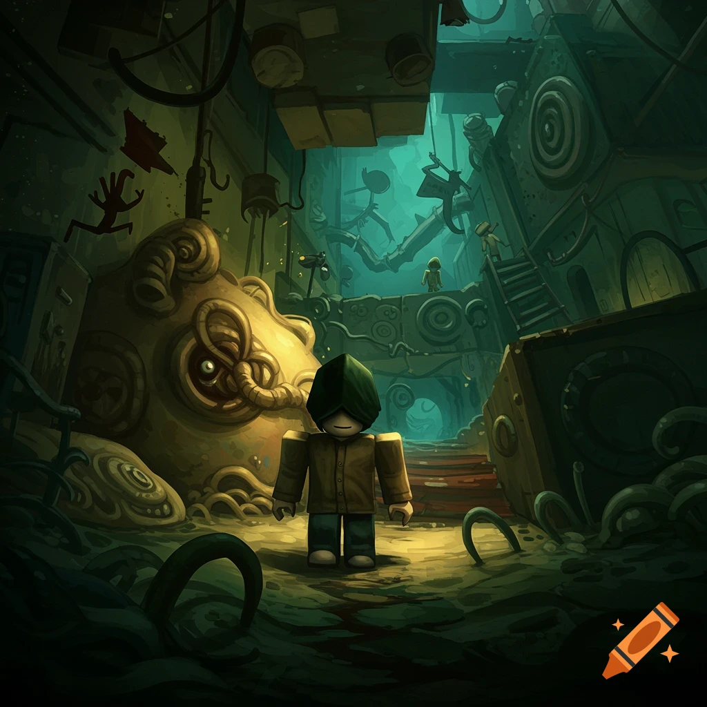 A Roblox avatar stands in a dark, surreal industrial environment reminiscent of Little Nightmares.