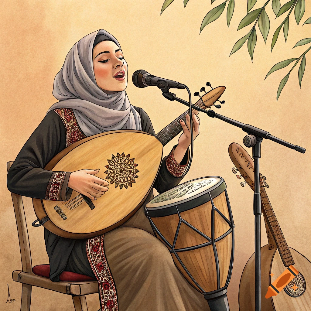 Illustration of a woman in a hijab playing an oud and singing into a microphone, with a darbuka beside her.