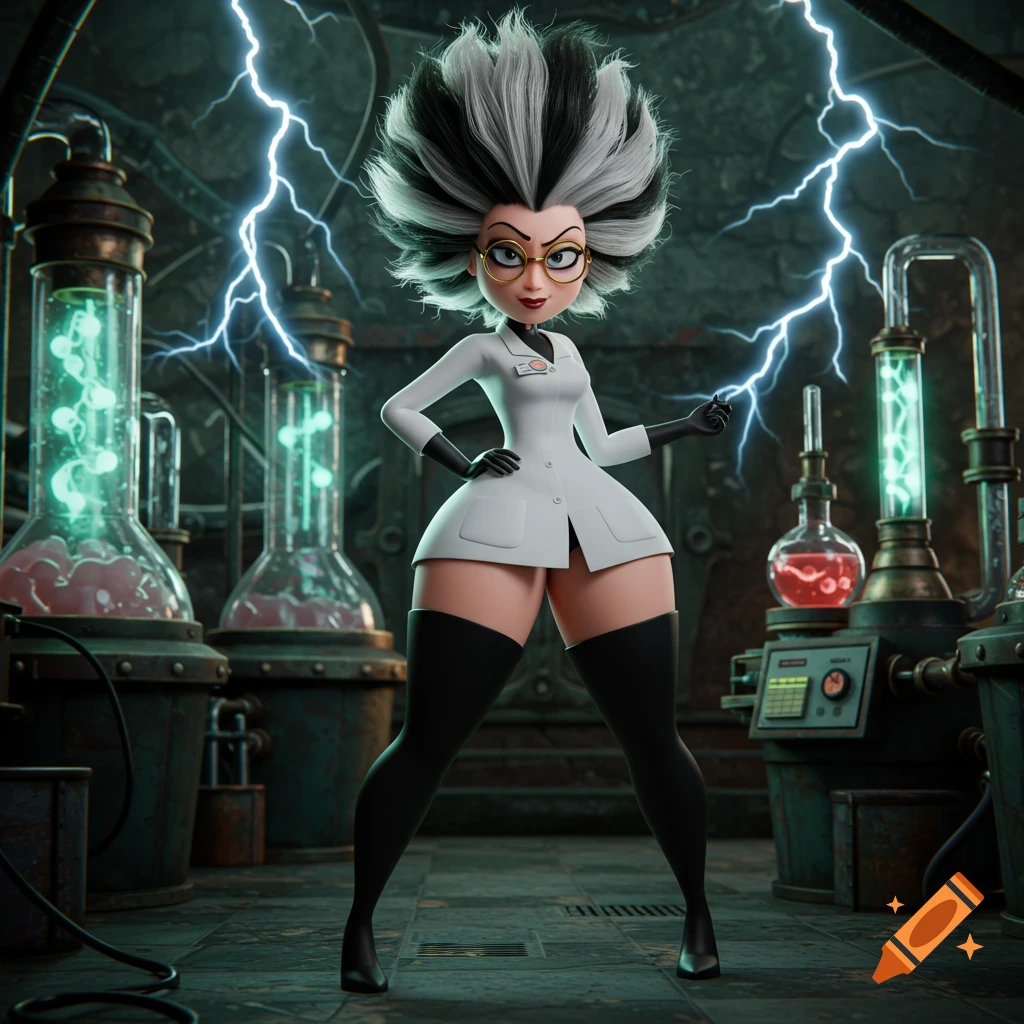 CGI cartoon female mad scientist in a lab coat and thigh-high stockings stands in a laboratory with lightning.