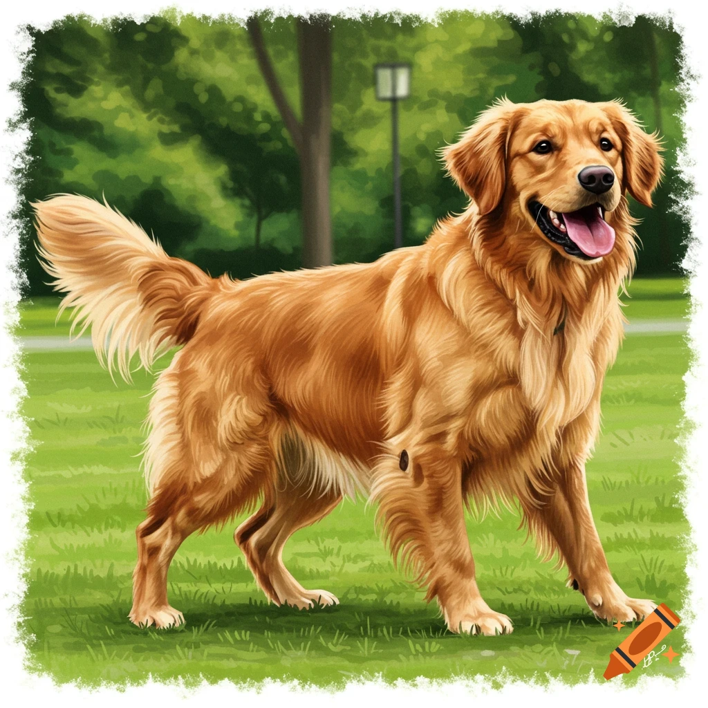 A golden retriever standing on grass in a park.