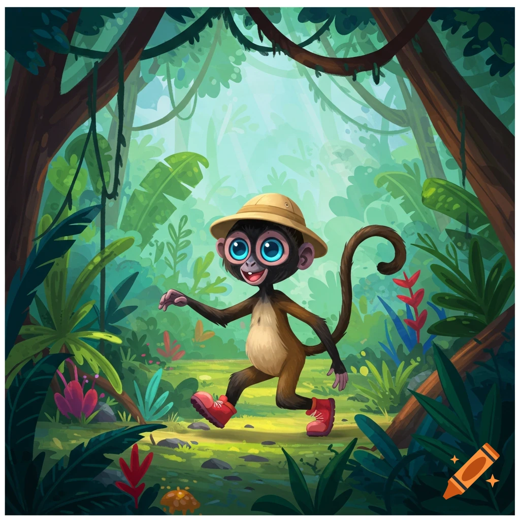 A cartoon spider monkey wearing a hat and red boots walks through a sunny jungle.