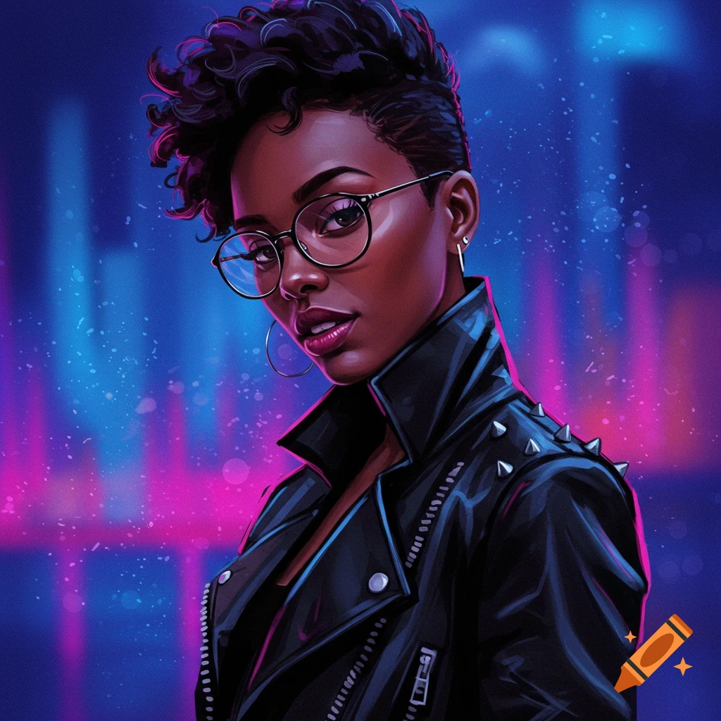A woman in glasses and a biker jacket is against a neon background.