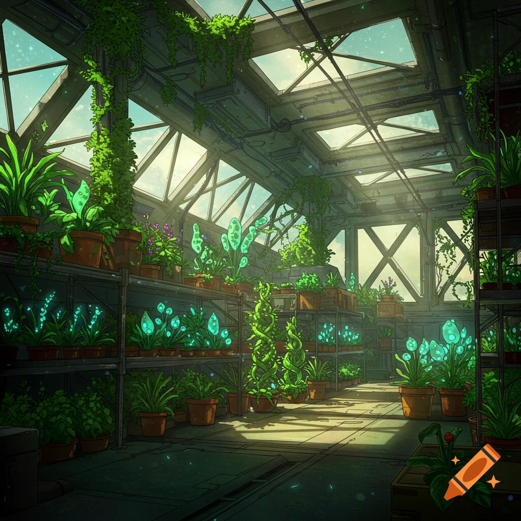 Sci-fi greenhouse with glowing plants on racks