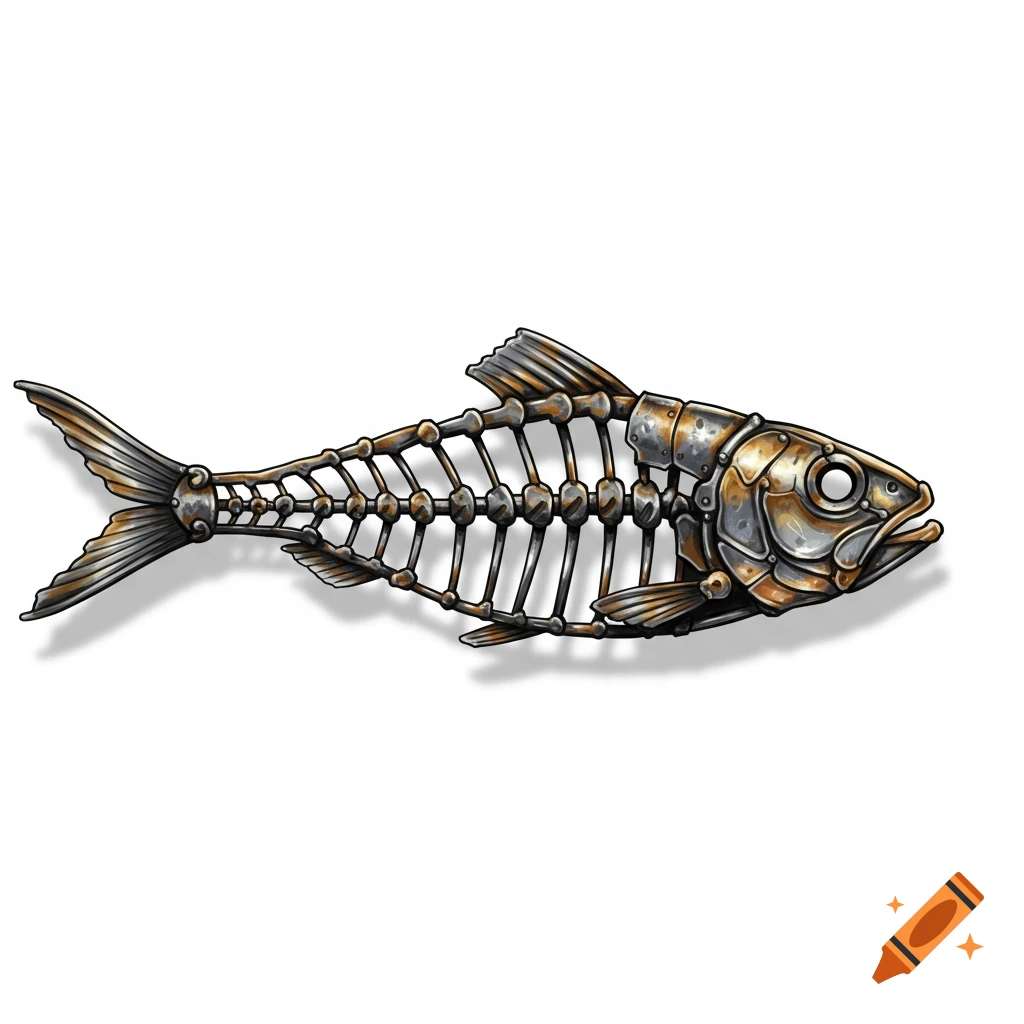 A detailed metallic fish skeleton is depicted on a white background.