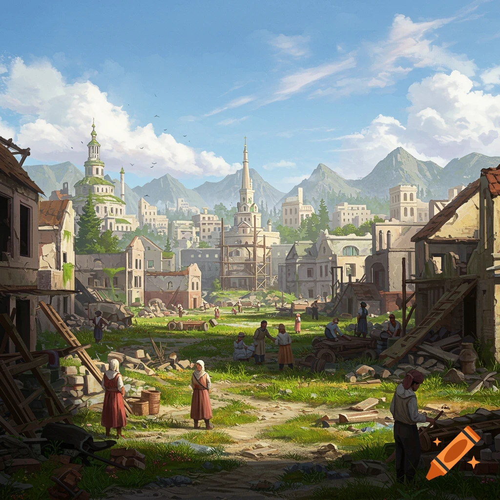 A ruined town after conflict, with people clearing debris and rebuilding.