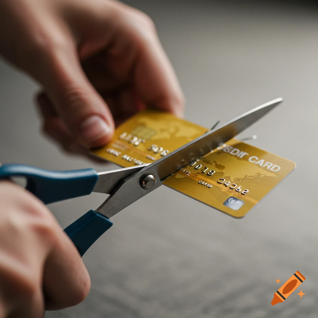 Close-up photo of hands cutting a credit card in half with scissors.