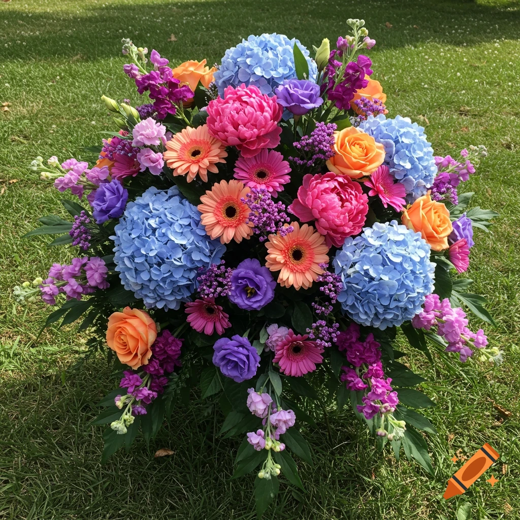 Large floral arrangement with blue, pink, purple, and orange flowers on grass.