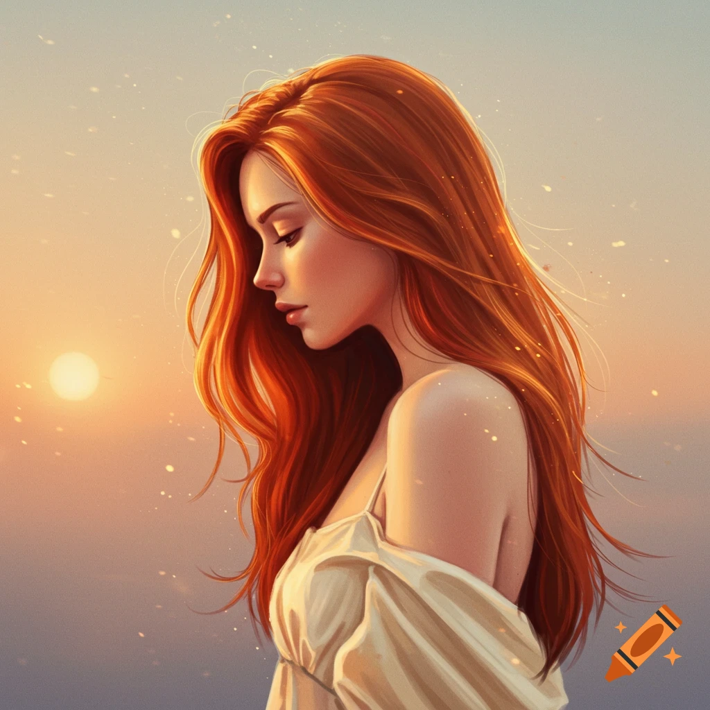 A woman with long flowing red hair is looking down, with sunlight and sparkles around her.