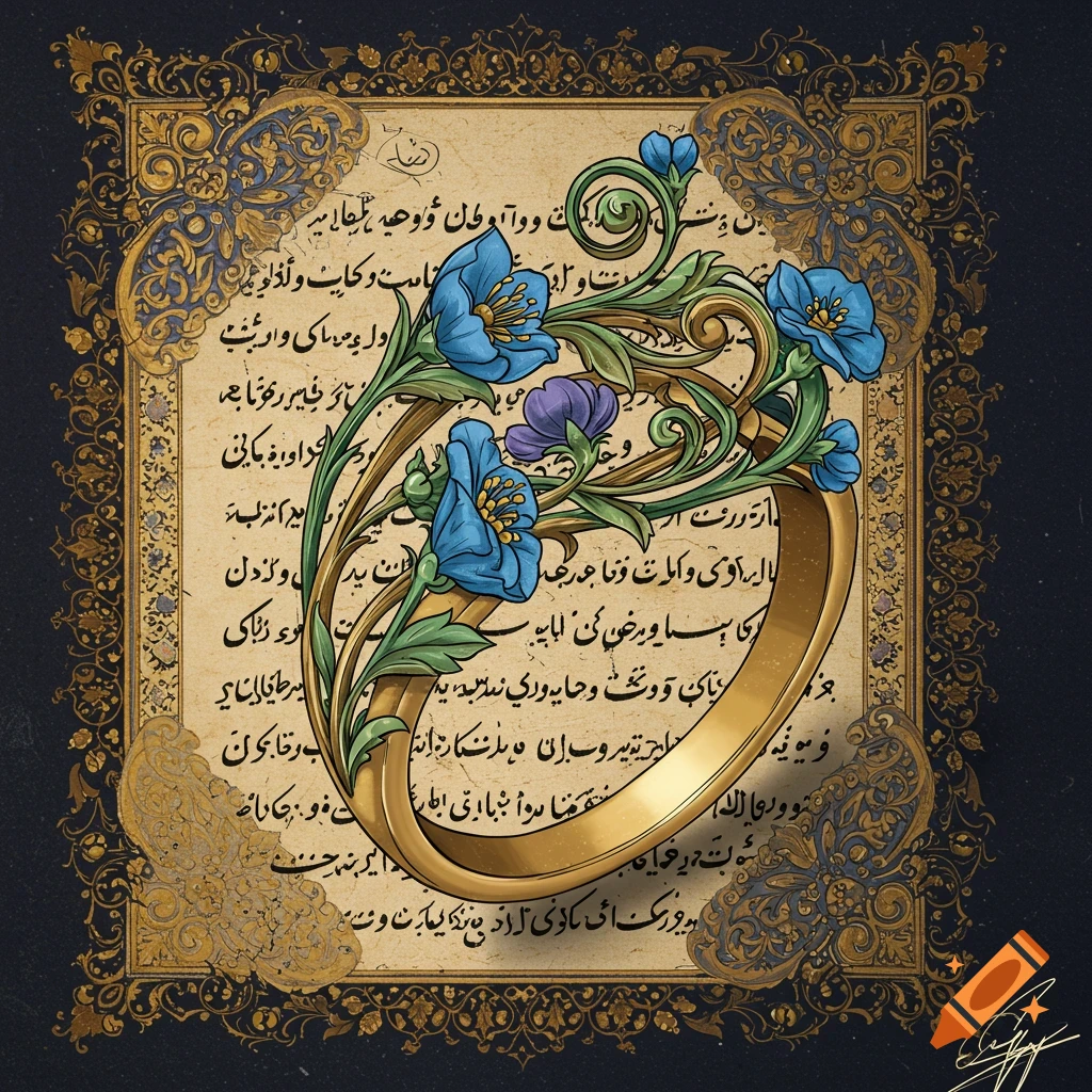 A golden ring is entwined with blue flowers on a page of script.