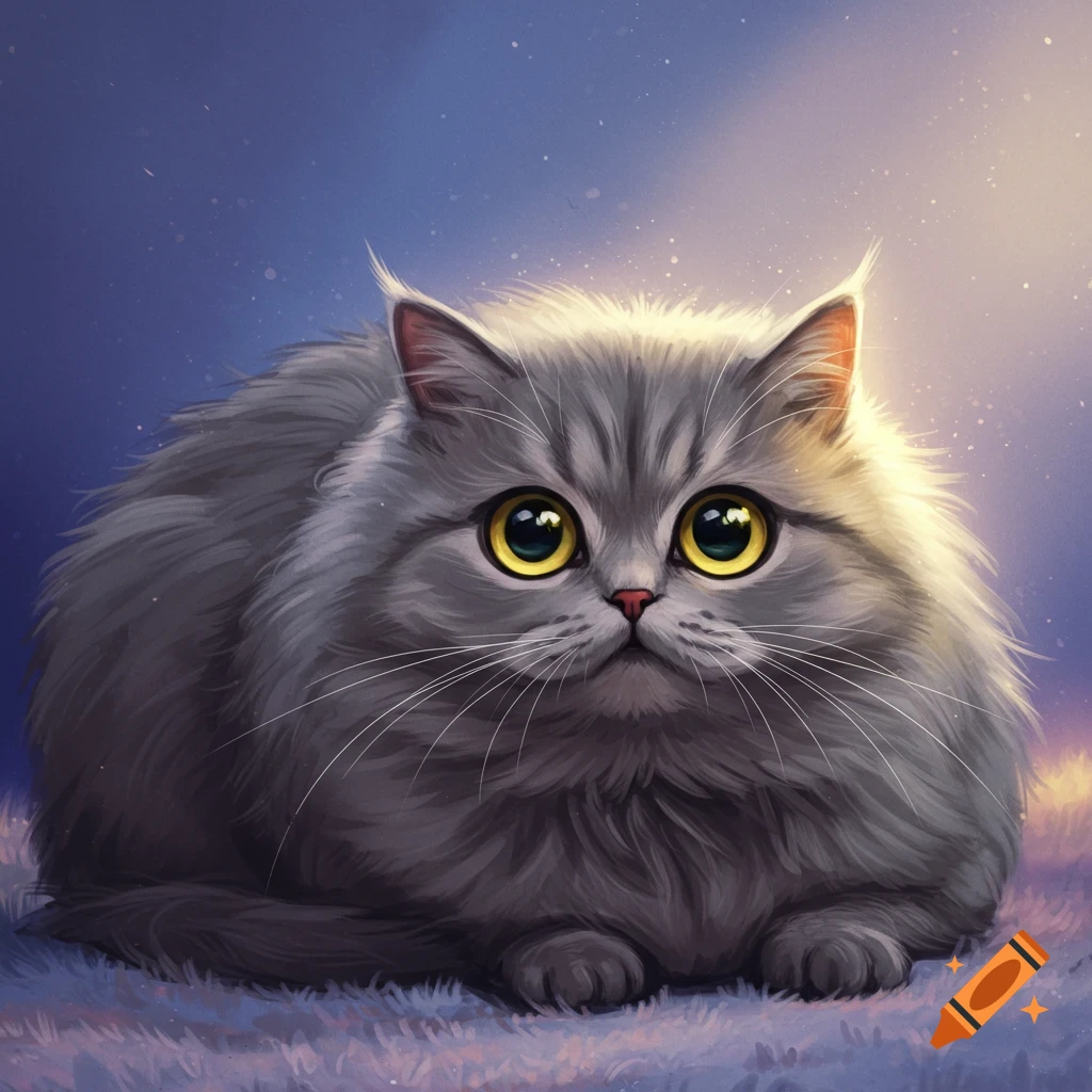 A fluffy gray cat with big yellow eyes.