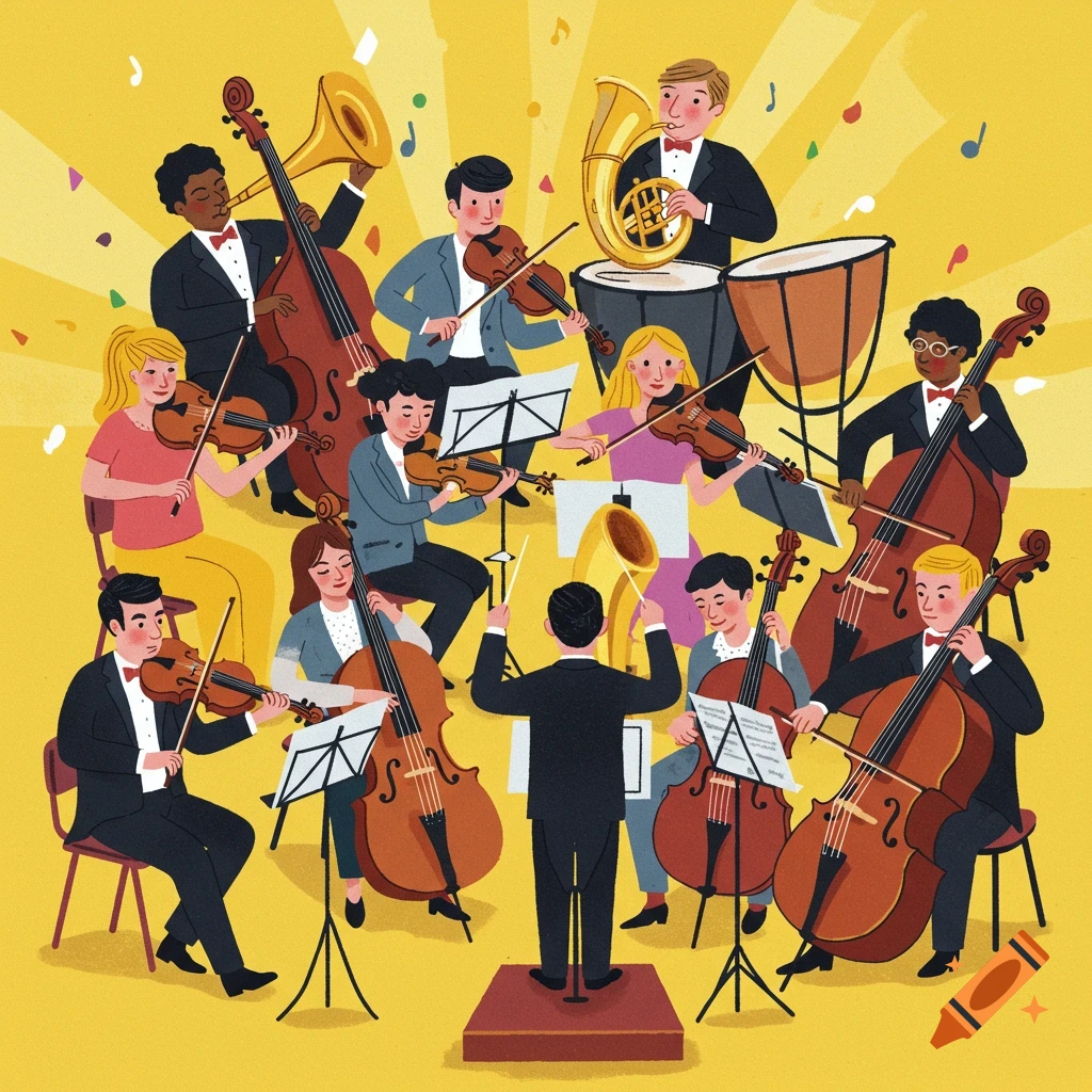 An illustration of a symphony orchestra playing instruments.