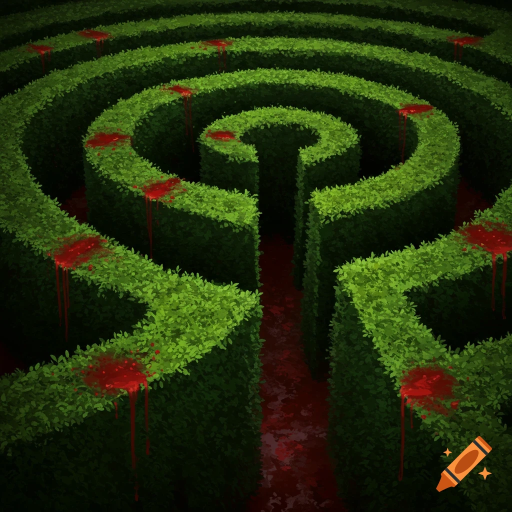 Snowy Path Through a Tall Hedge Maze at Night Under a Full