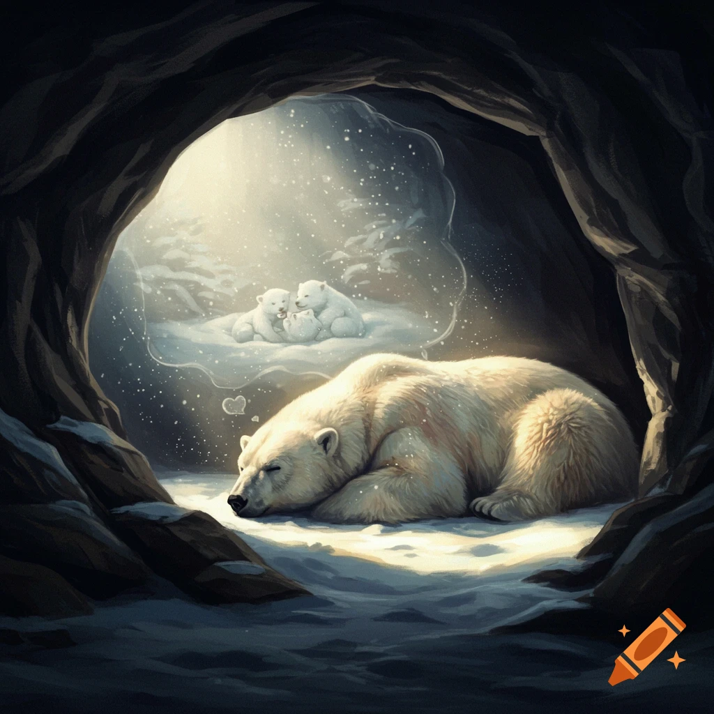 A large polar bear sleeping in a cave, dreaming of its cubs.